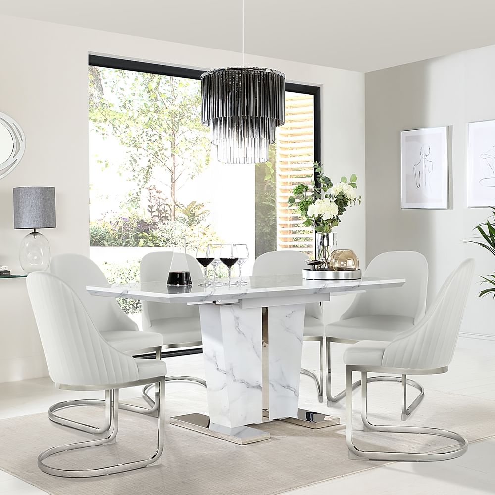 Vienna Extending Dining Table & 6 Riva Chairs, White Marble Effect, White Premium Faux Leather & Chrome, 120-160cm