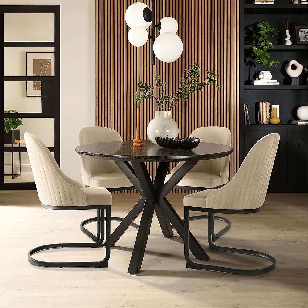 Newark Round Dining Table & 4 Riva Chairs, Black Oak Effect & Black Steel, Champagne Classic Velvet, 110cm