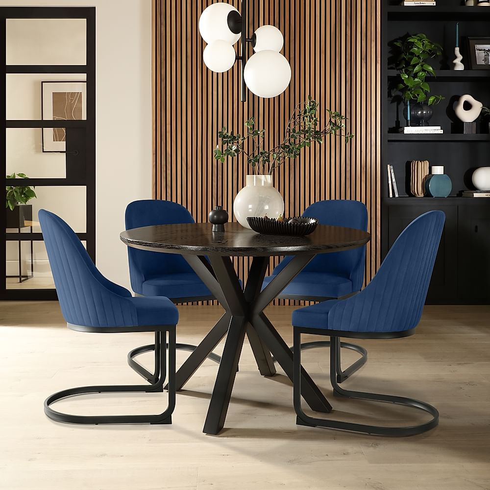 Newark Round Dining Table & 4 Riva Chairs, Black Oak Effect & Black Steel, Blue Classic Velvet, 110cm