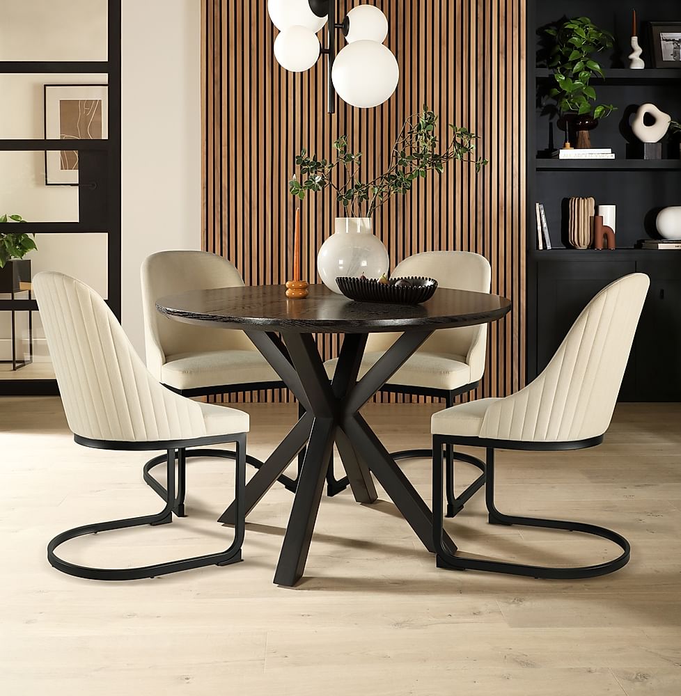 Newark Round Dining Table & 4 Riva Chairs, Black Oak Effect & Black Steel, Ivory Classic Plush Fabric, 110cm