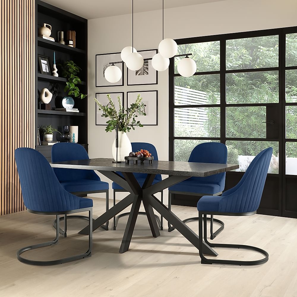 Madison Dining Table & 4 Riva Chairs, Black Oak Effect & Black Steel, Blue Classic Velvet, 160cm