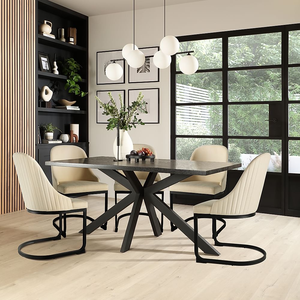 Madison Dining Table & 4 Riva Chairs, Black Oak Effect & Black Steel, Ivory Classic Plush Fabric, 160cm