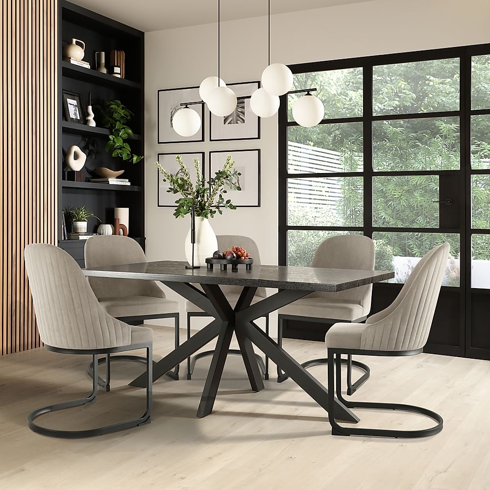Madison Dining Table & 4 Riva Chairs, Black Oak Effect & Black Steel, Grey Classic Velvet, 160cm