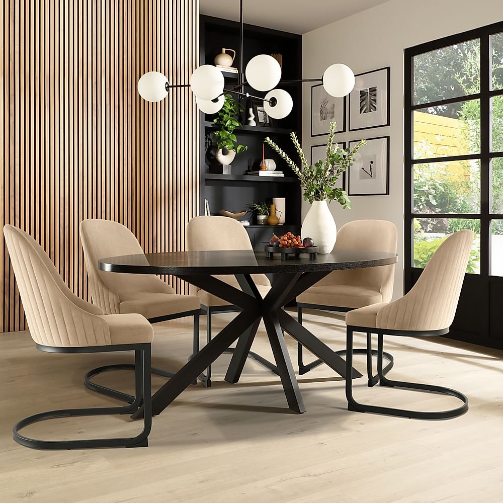 Madison Oval Dining Table & 4 Riva Chairs, Black Oak Effect & Black Steel, Champagne Classic Velvet, 180cm