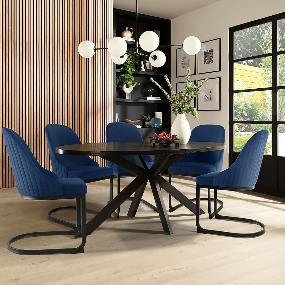 Madison Oval Dining Table & 4 Riva Chairs, Black Oak Effect & Black Steel, Blue Classic Velvet, 180cm