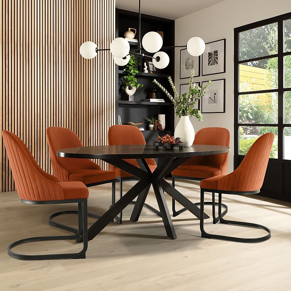 Madison Oval Dining Table & 4 Riva Chairs, Black Oak Effect & Black Steel, Burnt Orange Classic Velvet, 180cm