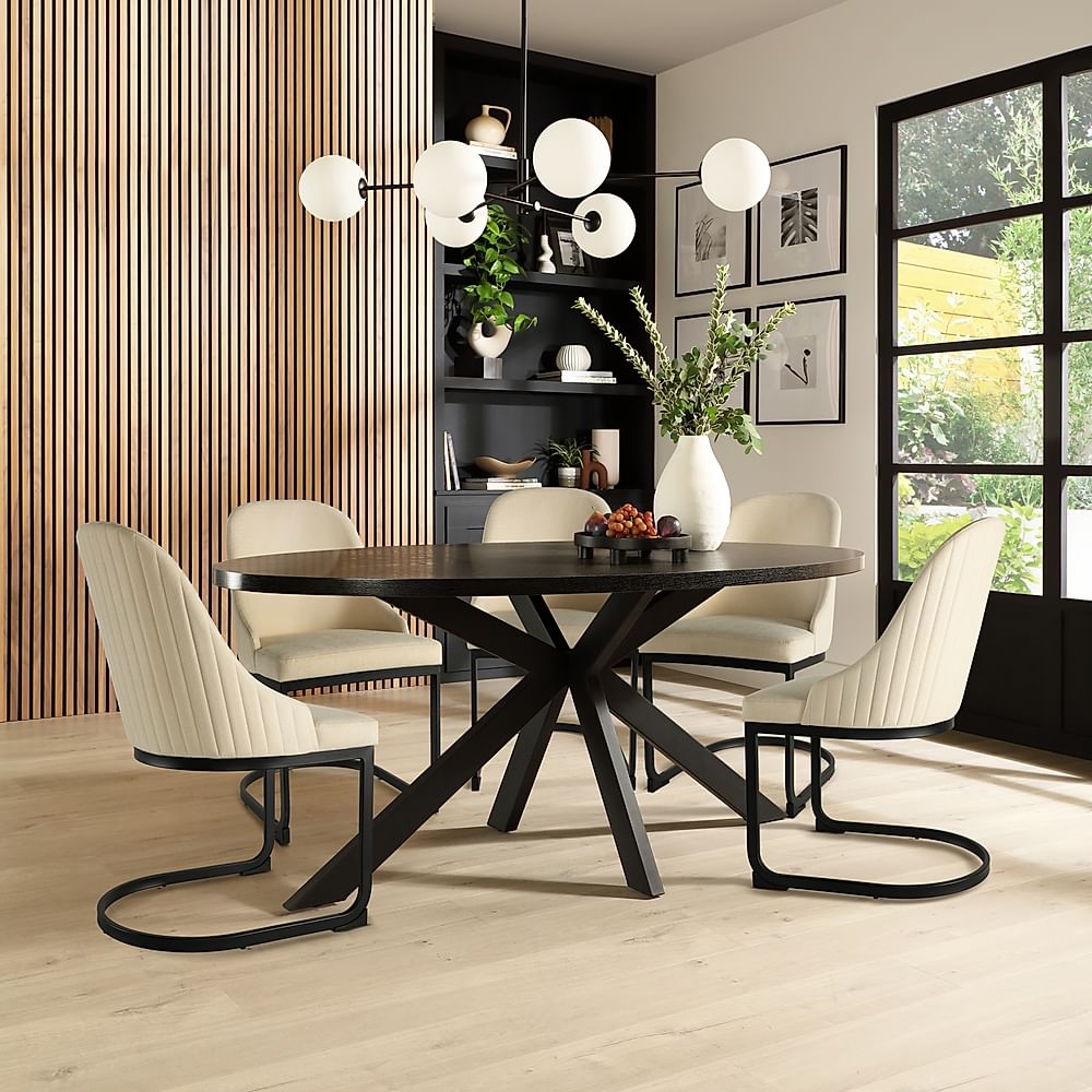 Madison Oval Dining Table & 4 Riva Chairs, Black Oak Effect & Black Steel, Ivory Classic Plush Fabric, 180cm