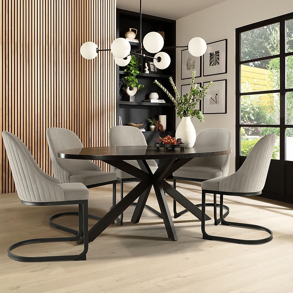 Madison Oval Dining Table & 4 Riva Chairs, Black Oak Effect & Black Steel, Grey Classic Velvet, 180cm