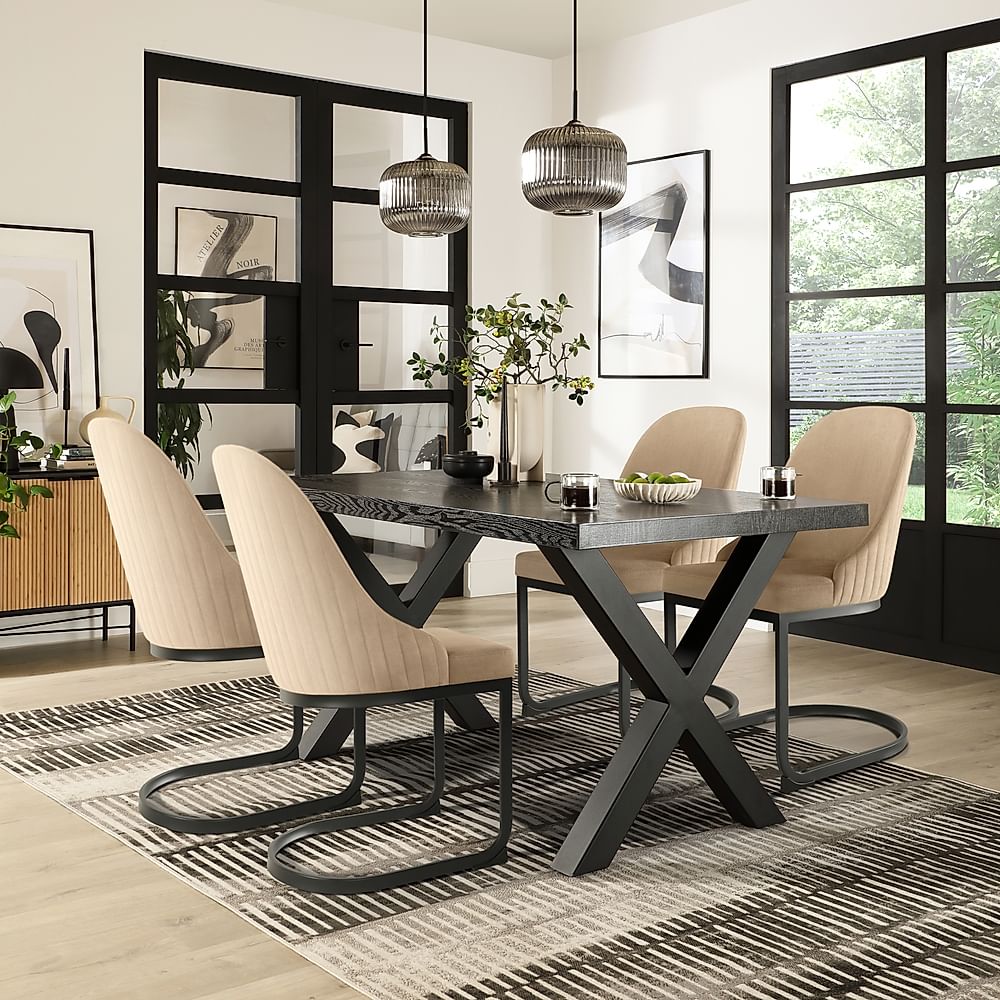 Franklin Dining Table & 4 Riva Chairs, Black Oak Effect & Black Steel, Champagne Classic Velvet, 150cm