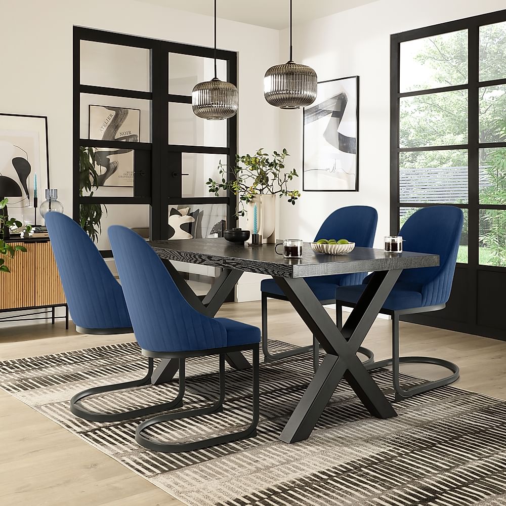 Franklin Dining Table & 4 Riva Chairs, Black Oak Effect & Black Steel, Blue Classic Velvet, 150cm