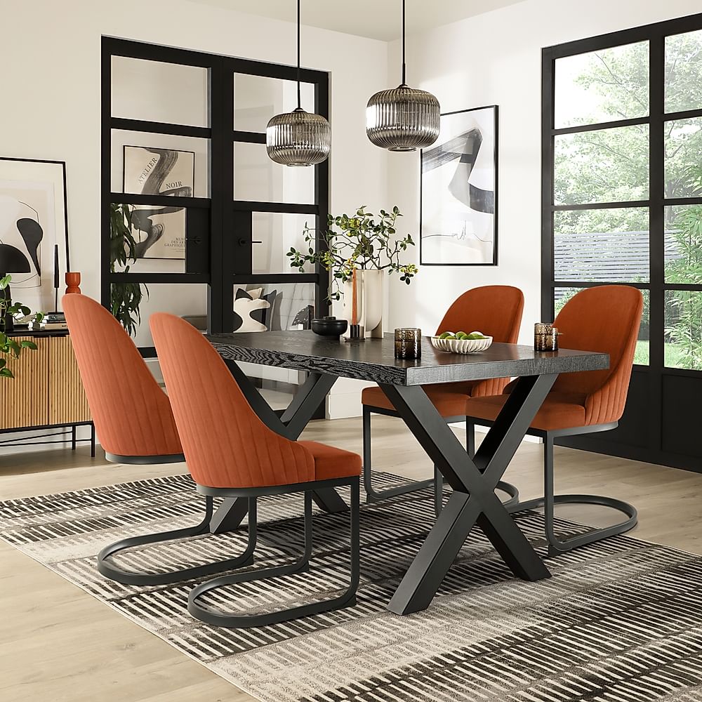 Franklin Dining Table & 4 Riva Chairs, Black Oak Effect & Black Steel, Burnt Orange Classic Velvet, 150cm