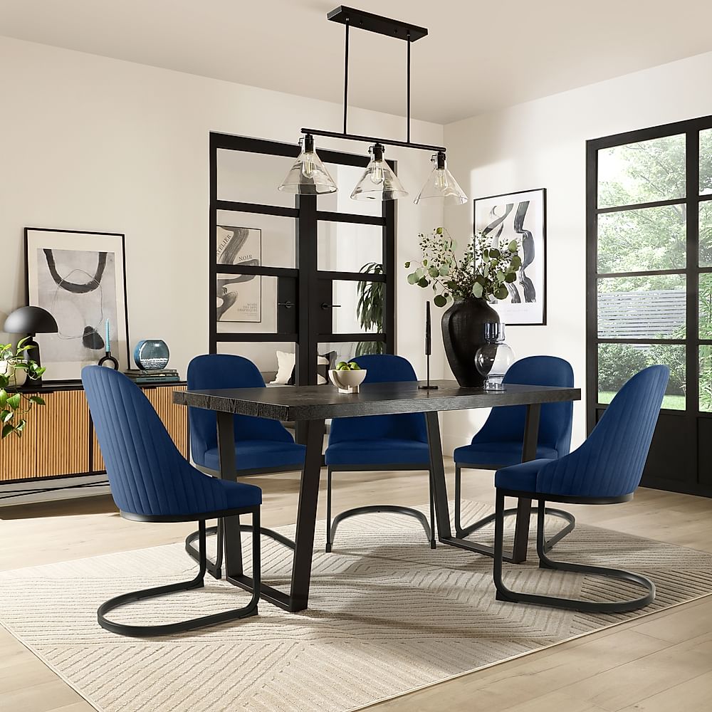 Addison Dining Table & 4 Riva Chairs, Black Oak Effect & Black Steel, Blue Classic Velvet, 150cm