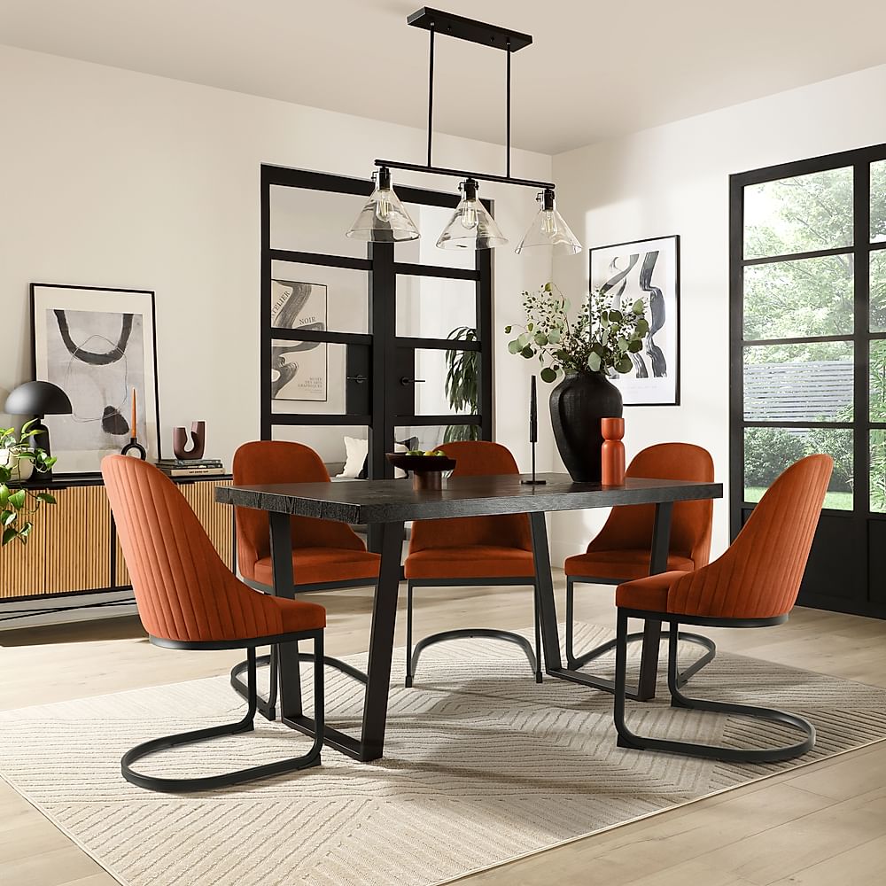Addison Dining Table & 4 Riva Chairs, Black Oak Effect & Black Steel, Burnt Orange Classic Velvet, 150cm