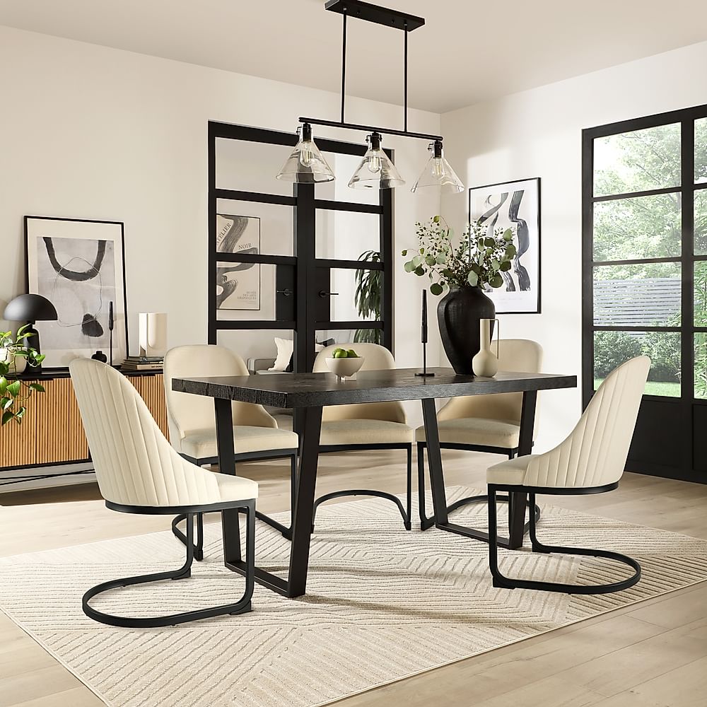 Addison Dining Table & 4 Riva Chairs, Black Oak Effect & Black Steel, Ivory Classic Plush Fabric, 150cm