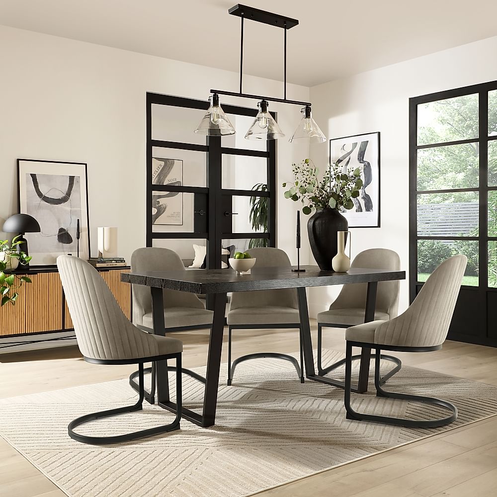 Addison Dining Table & 4 Riva Chairs, Black Oak Effect & Black Steel, Grey Classic Velvet, 150cm