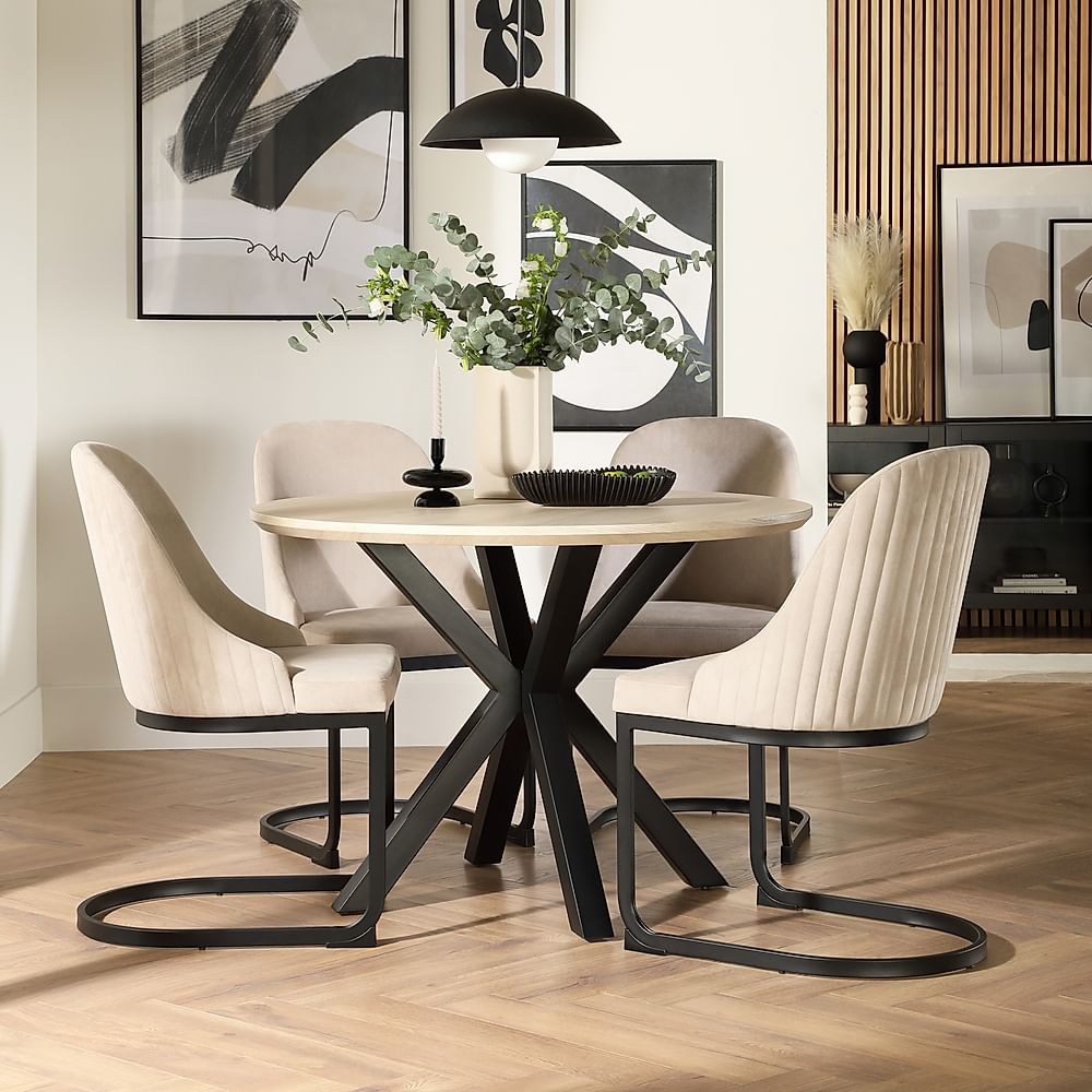 Newark Round Dining Table & 4 Riva Chairs, Light Oak Effect & Black Steel, Champagne Classic Velvet, 110cm