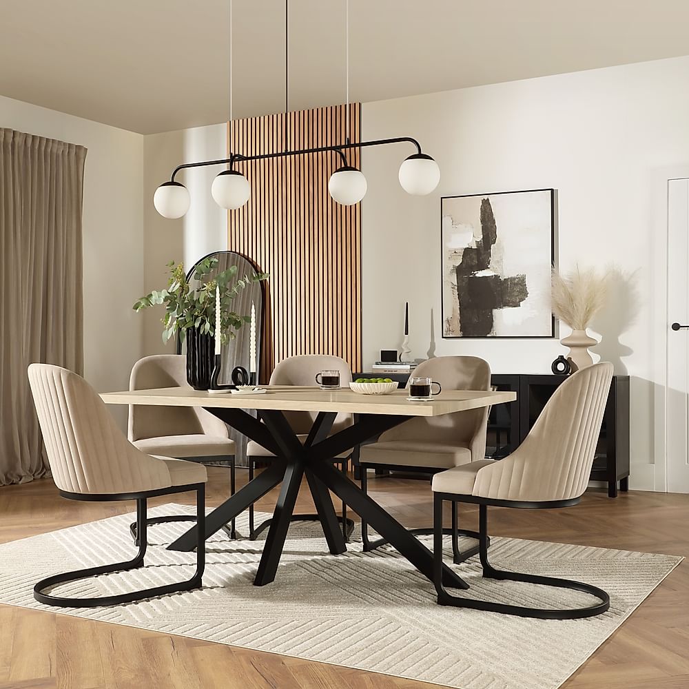 Madison Dining Table & 4 Riva Chairs, Light Oak Effect & Black Steel ...