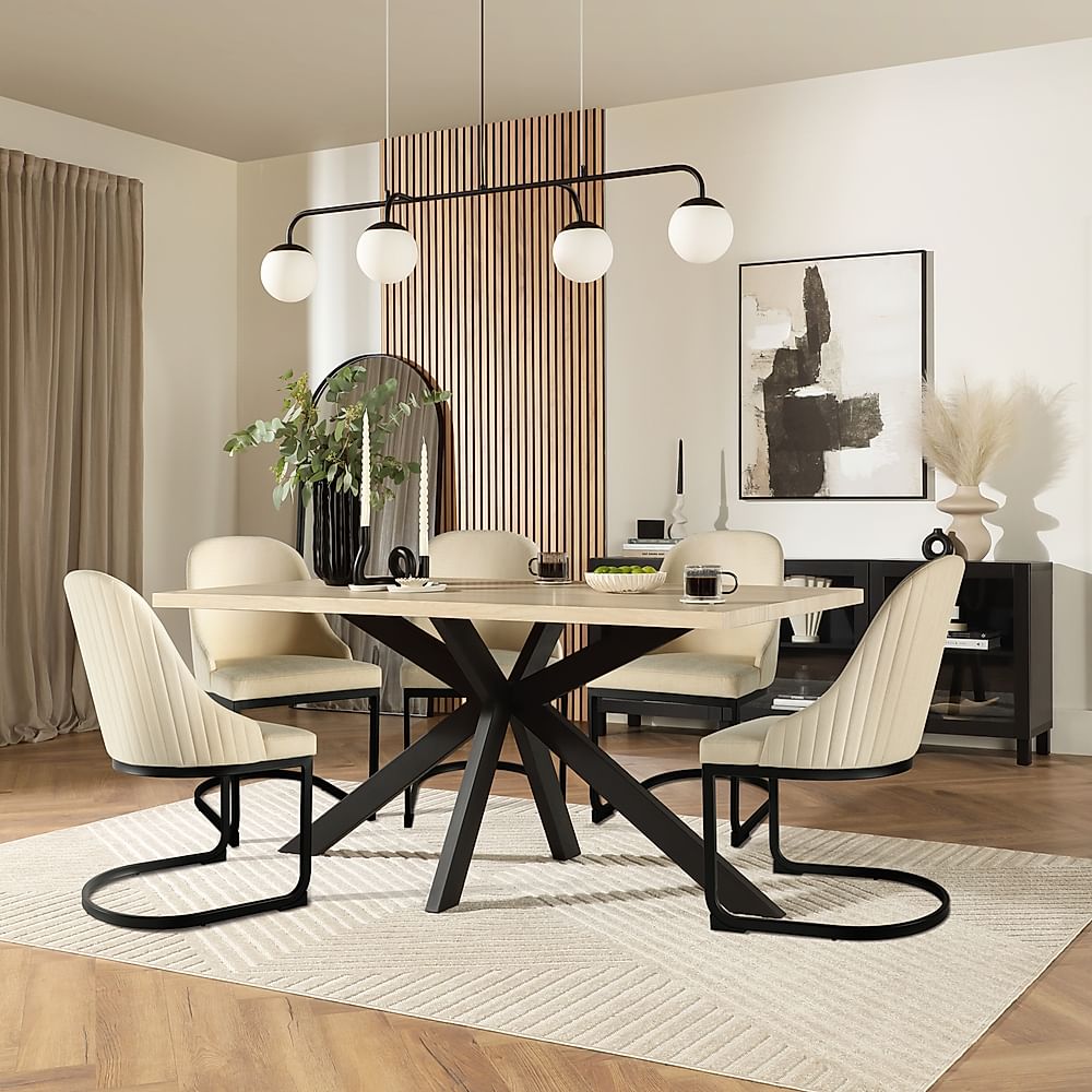 Madison Dining Table & 6 Riva Chairs, Light Oak Effect & Black Steel, Ivory Classic Plush Fabric, 160cm