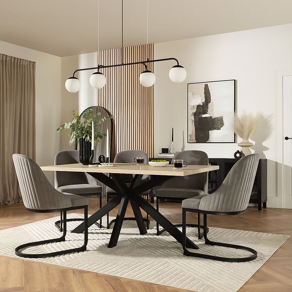 Madison Dining Table & 4 Riva Chairs, Light Oak Effect & Black Steel, Grey Classic Velvet, 180cm