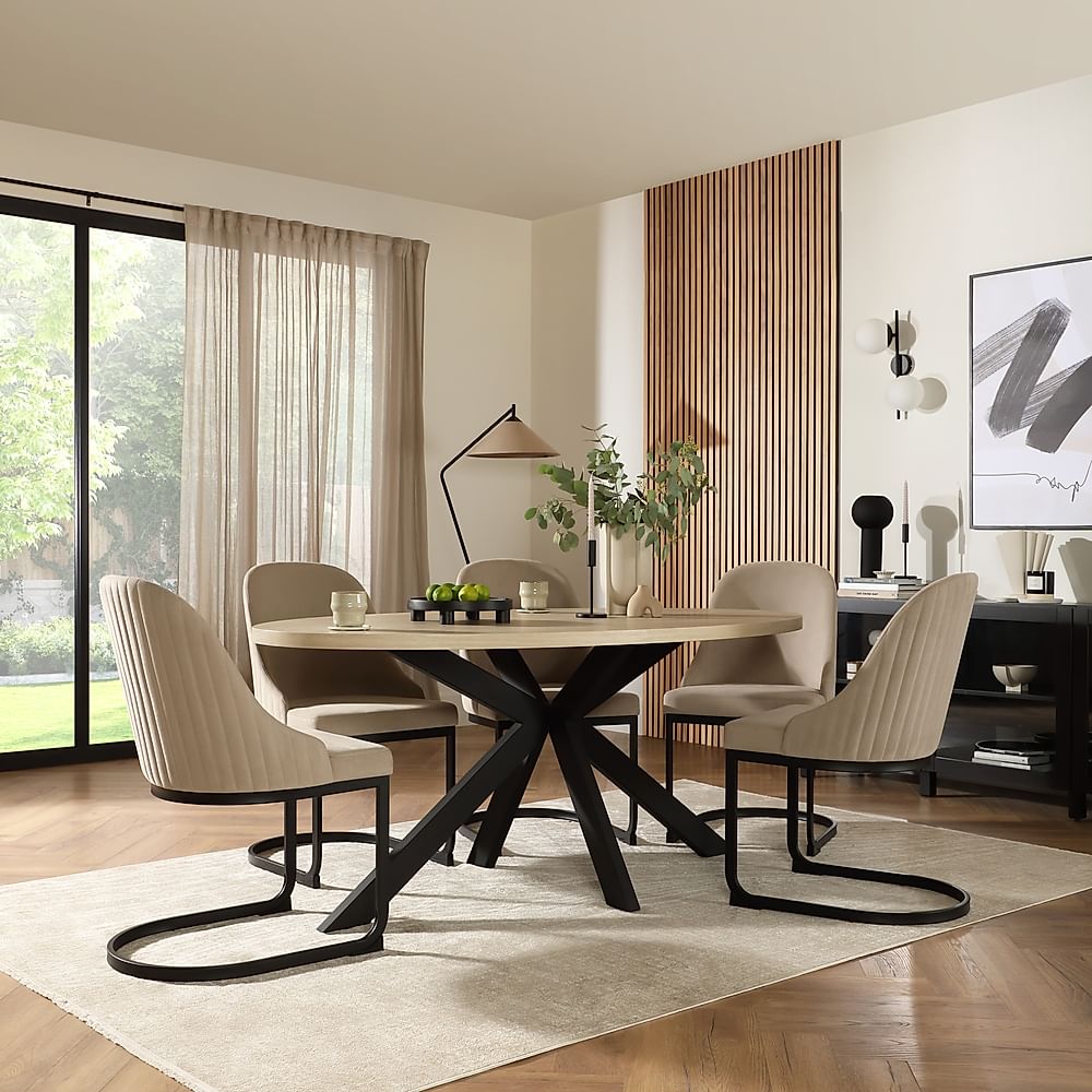 Madison Oval Dining Table & 4 Riva Chairs, Light Oak Effect & Black Steel, Champagne Classic Velvet, 180cm