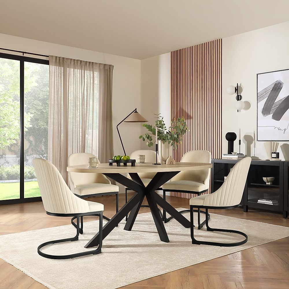 Madison Oval Dining Table & 4 Riva Chairs, Light Oak Effect & Black Steel, Ivory Classic Plush Fabric, 180cm