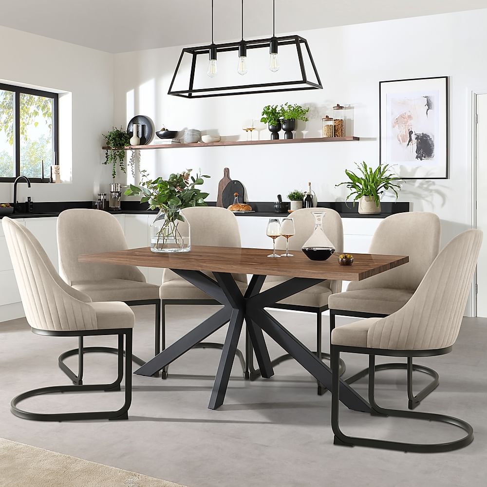Madison Industrial Dining Table & 6 Riva Chairs, Walnut Effect & Black Steel, Champagne Classic Velvet, 160cm