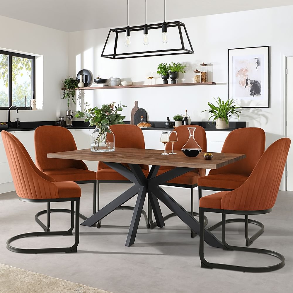 Madison Industrial Dining Table & 4 Riva Chairs, Walnut Effect & Black Steel, Burnt Orange Classic Velvet, 160cm