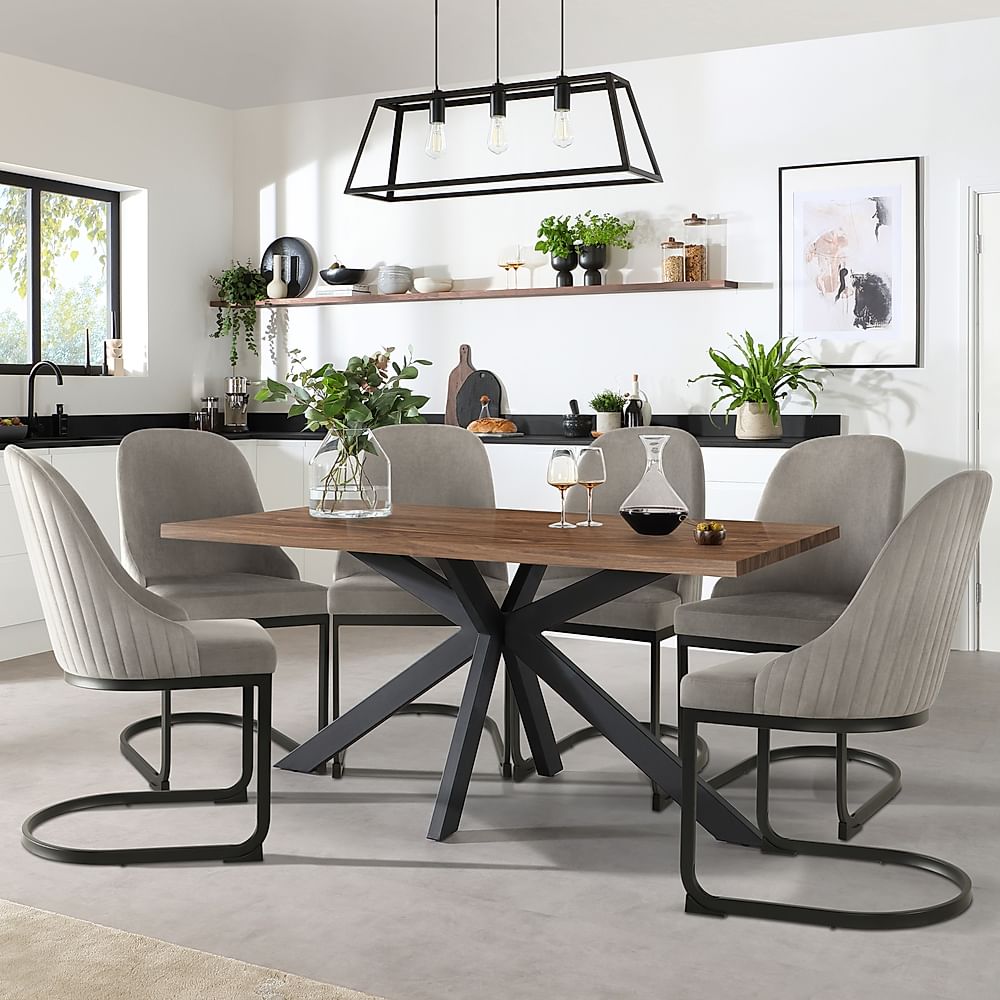 Madison Industrial Dining Table & 4 Riva Chairs, Walnut Effect & Black Steel, Grey Classic Velvet, 160cm
