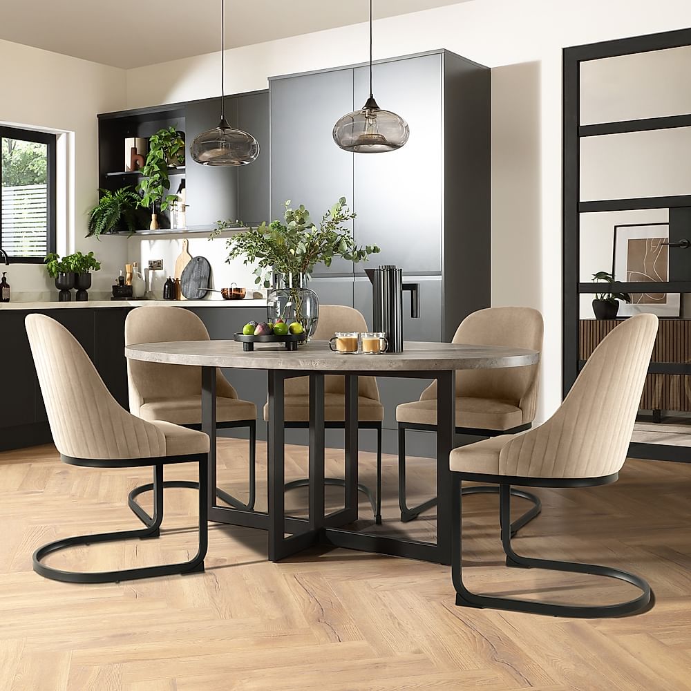 Newbury Oval Industrial Dining Table & 6 Riva Chairs, Grey Concrete Effect & Black Steel, Champagne Classic Velvet, 180cm