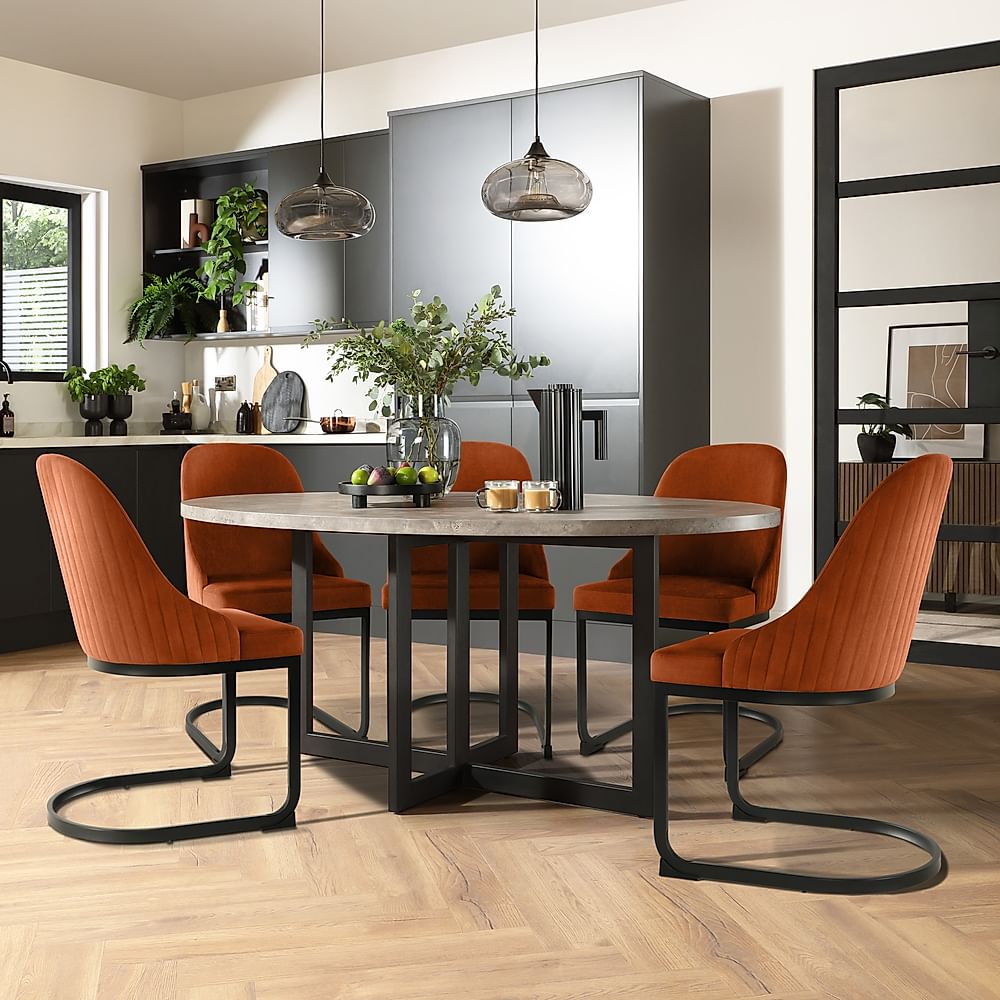 Newbury Oval Industrial Dining Table & 6 Riva Chairs, Grey Concrete Effect & Black Steel, Burnt Orange Classic Velvet, 180cm