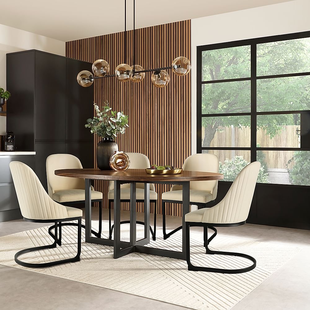 Newbury Oval Industrial Dining Table & 4 Riva Chairs, Walnut Effect & Black Steel, Ivory Classic Plush Fabric, 180cm