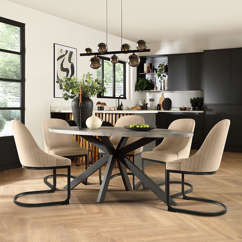 Madison Oval Industrial Dining Table & 6 Riva Chairs, Grey Concrete Effect & Black Steel, Champagne Classic Velvet, 180cm