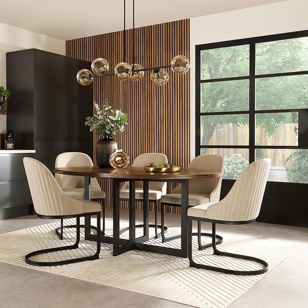 Newbury Oval Industrial Dining Table & 4 Riva Chairs, Walnut Effect & Black Steel, Champagne Classic Velvet, 180cm
