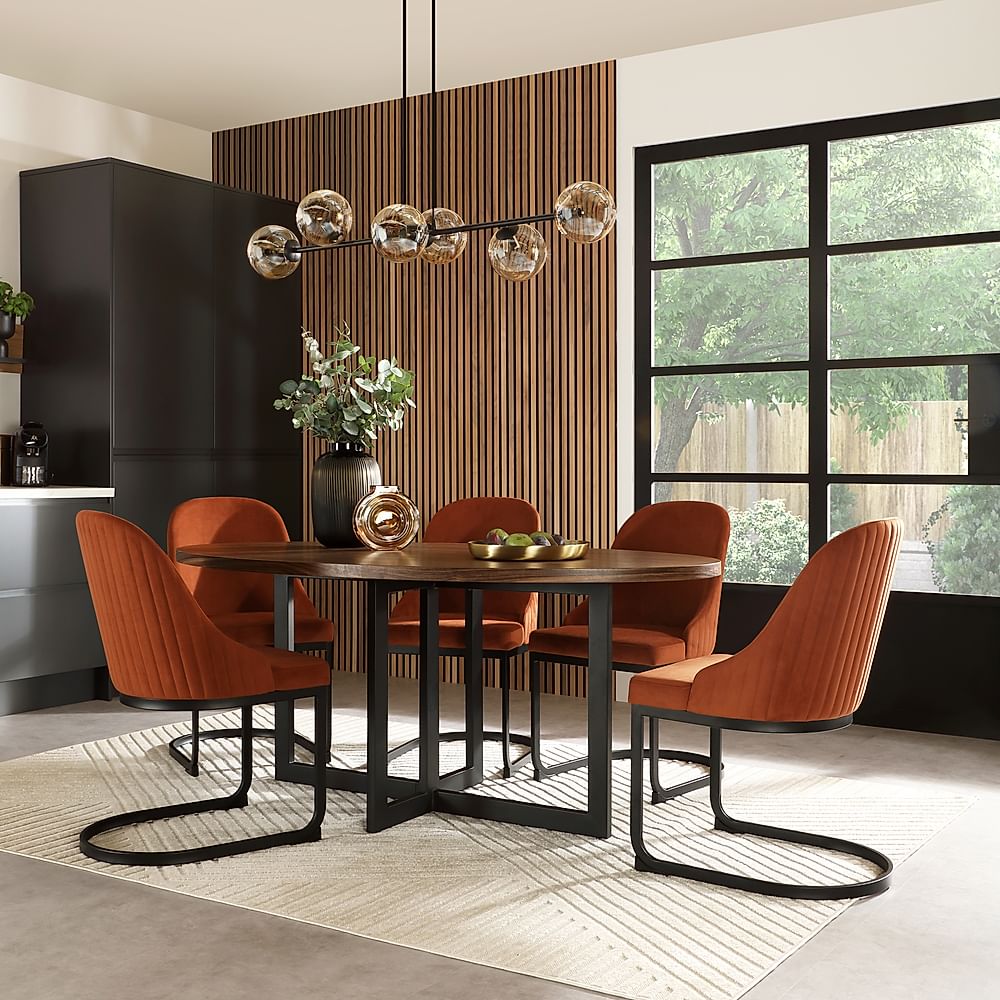 Newbury Oval Industrial Dining Table & 6 Riva Chairs, Walnut Effect & Black Steel, Burnt Orange Classic Velvet, 180cm