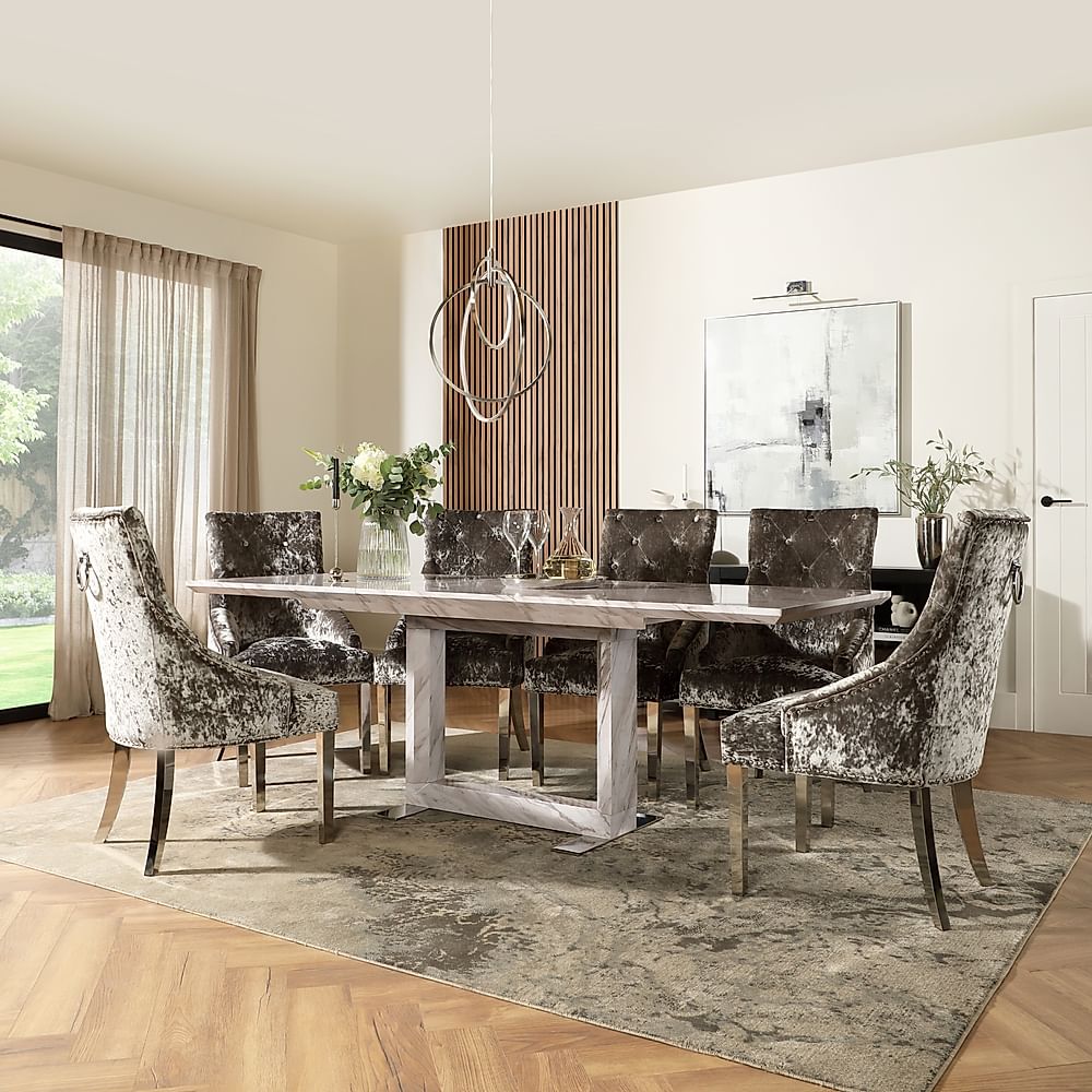 Tokyo Extending Dining Table & 8 Imperial Chairs, Grey Marble Effect, Silver Crushed Velvet & Chrome, 160-220cm
