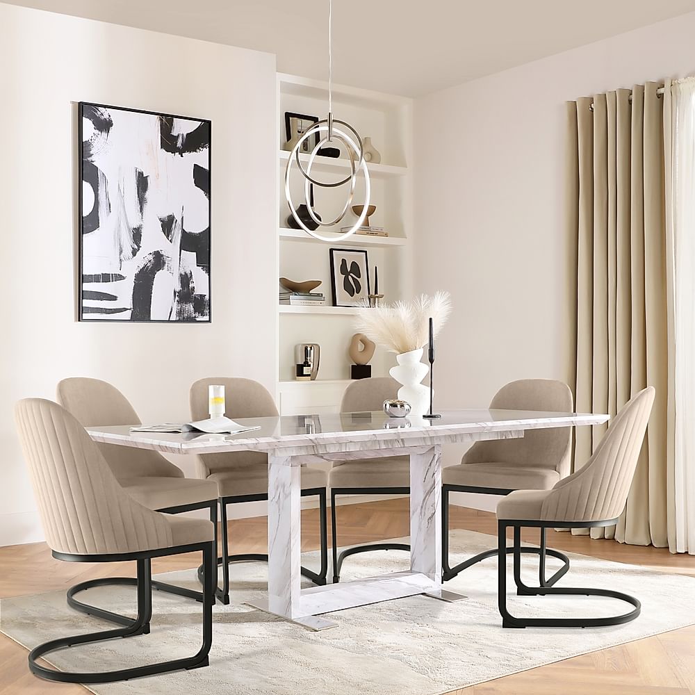 Tokyo Extending Dining Table & 6 Riva Chairs, Grey Marble Effect, Champagne Classic Velvet & Black Steel, 160-220cm