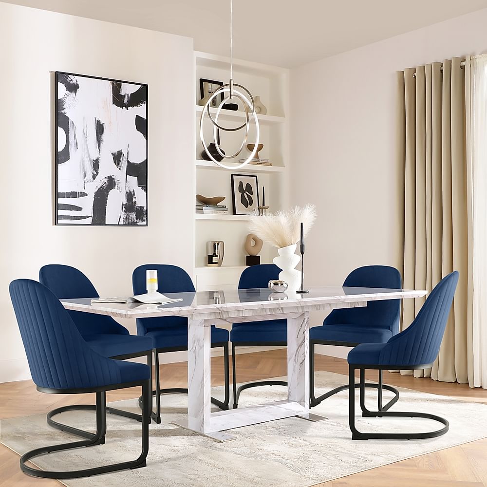 Tokyo Extending Dining Table & 4 Riva Chairs, Grey Marble Effect, Blue Classic Velvet & Black Steel, 160-220cm