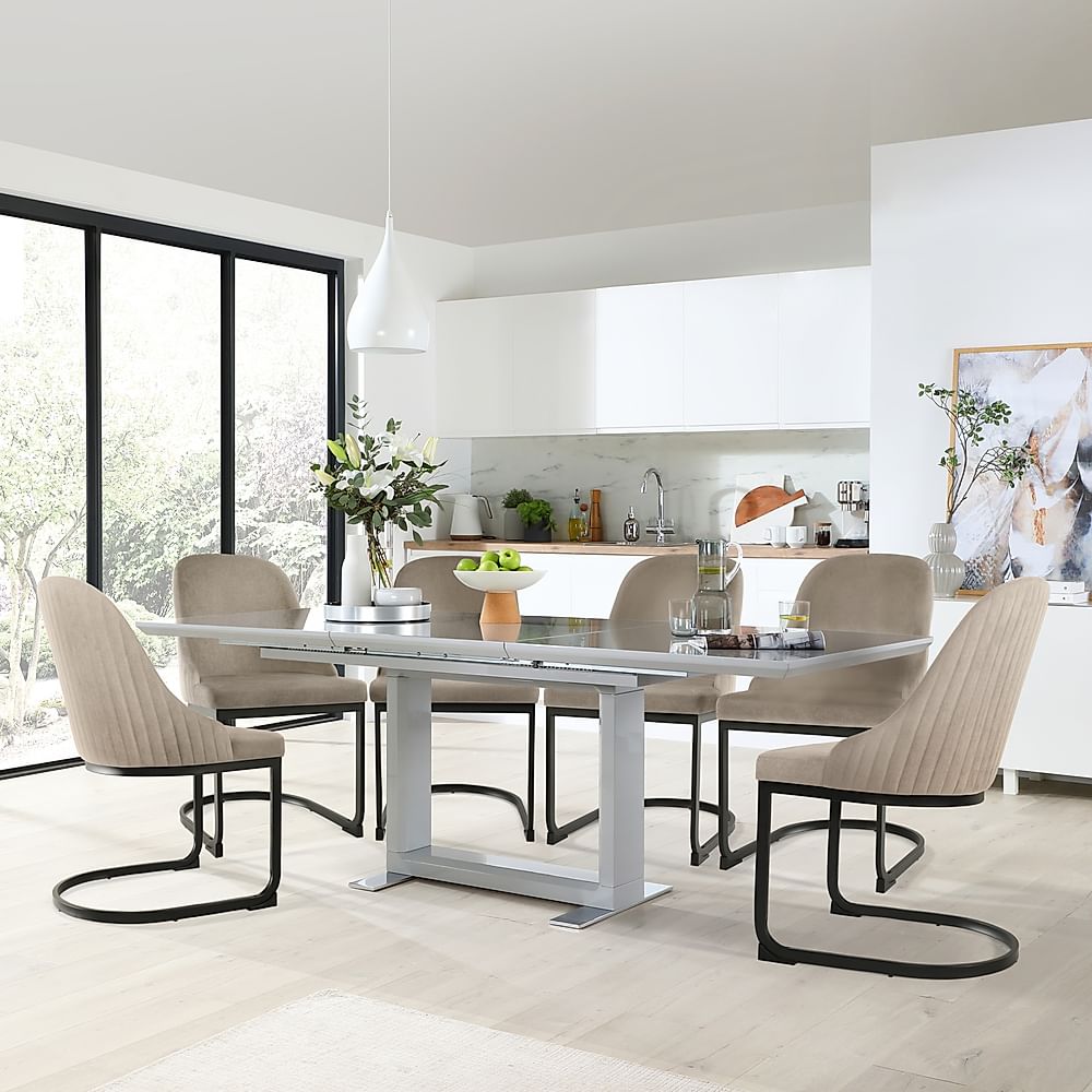 Tokyo Extending Dining Table & 6 Riva Chairs, Grey High Gloss, Champagne Classic Velvet & Black Steel, 160-220cm