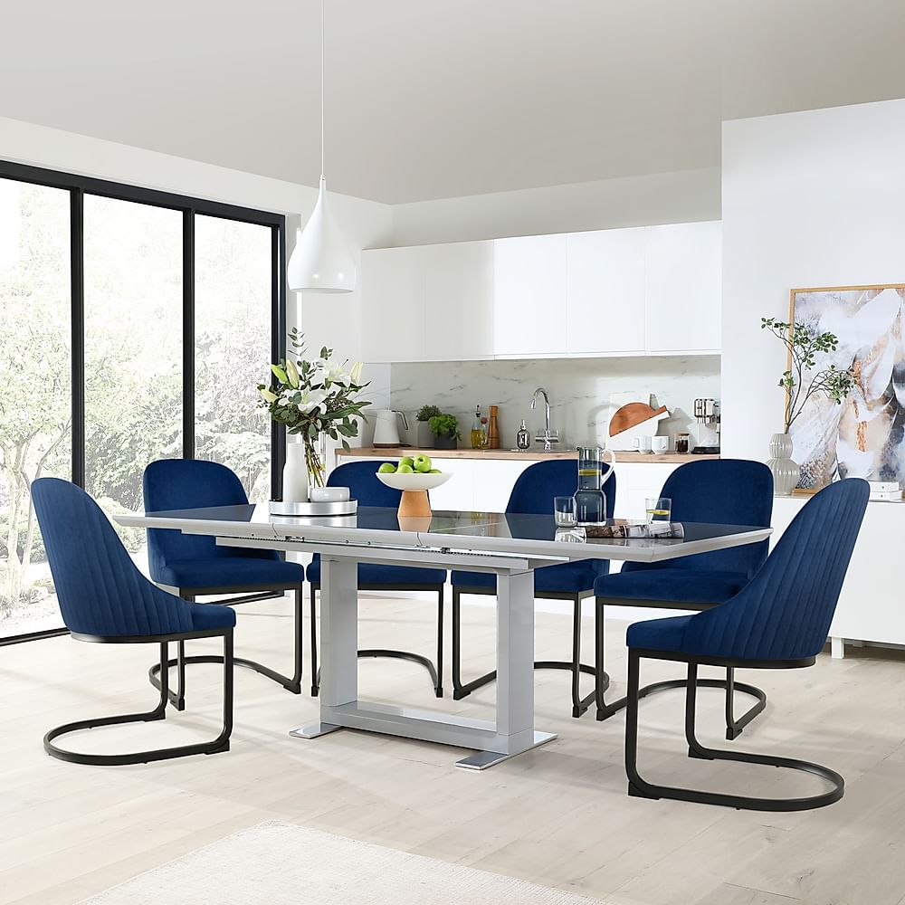 Tokyo Extending Dining Table & 6 Riva Chairs, Grey High Gloss, Blue Classic Velvet & Black Steel, 160-220cm
