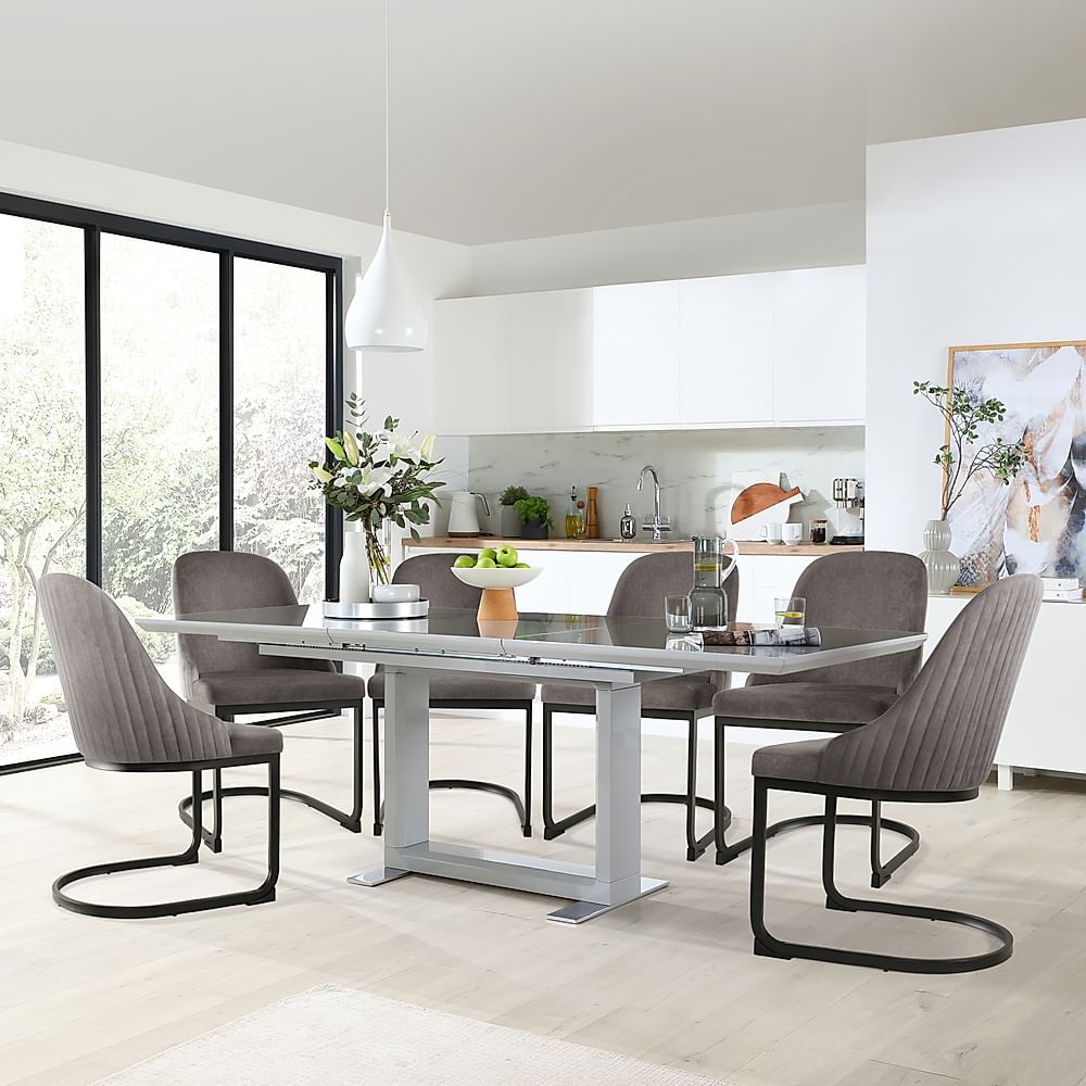 Tokyo Extending Dining Table & 6 Riva Chairs, Grey High Gloss, Grey Classic Velvet & Black Steel, 160-220cm
