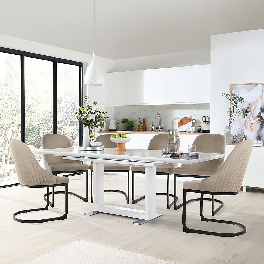 Tokyo Extending Dining Table & 6 Riva Chairs, White High Gloss, Champagne Classic Velvet & Black Steel, 160-220cm