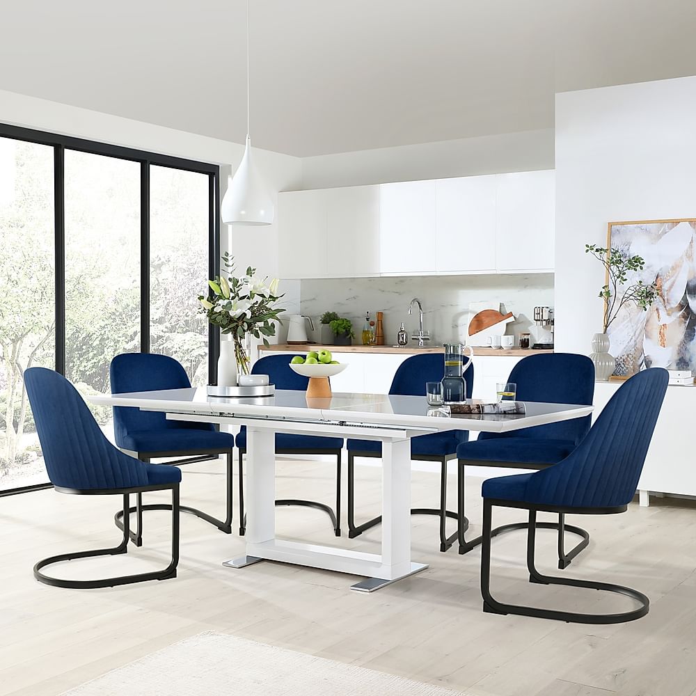 Tokyo Extending Dining Table & 4 Riva Chairs, White High Gloss, Blue Classic Velvet & Black Steel, 160-220cm