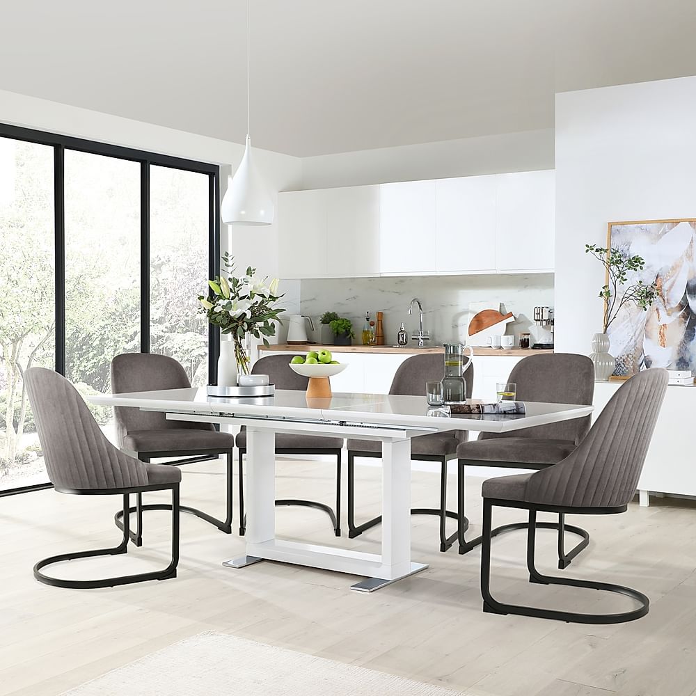 Tokyo Extending Dining Table & 6 Riva Chairs, White High Gloss, Grey Classic Velvet & Black Steel, 160-220cm