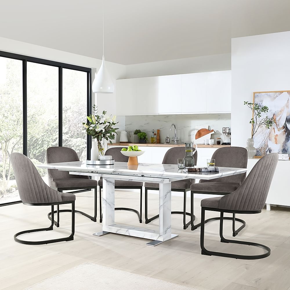 Tokyo Extending Dining Table & 4 Riva Chairs, White Marble Effect, Grey Classic Velvet & Black Steel, 160-220cm