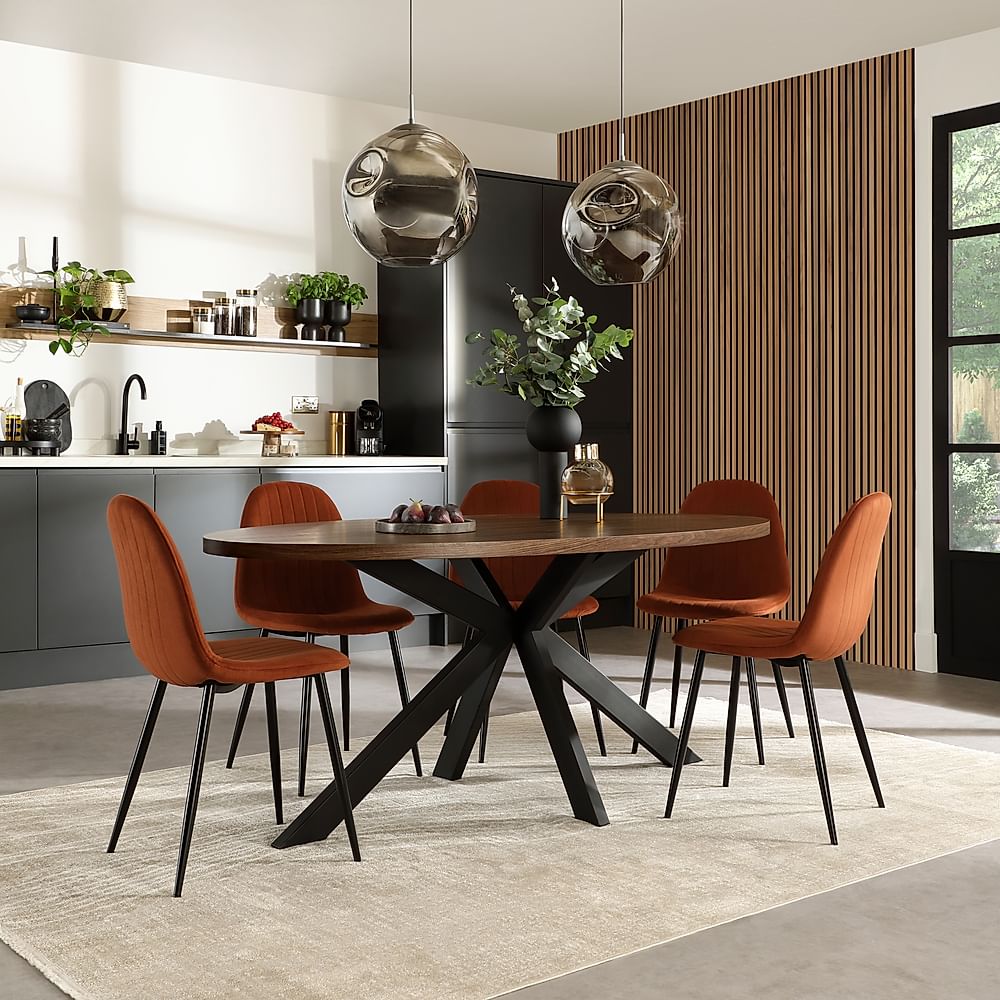 Madison Oval Industrial Dining Table & 6 Brooklyn Chairs, Walnut Effect & Black Steel, Burnt Orange Classic Velvet, 180cm