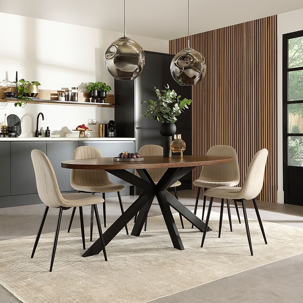 Madison Oval Industrial Dining Table & 4 Brooklyn Chairs, Walnut Effect & Black Steel, Champagne Classic Velvet, 180cm