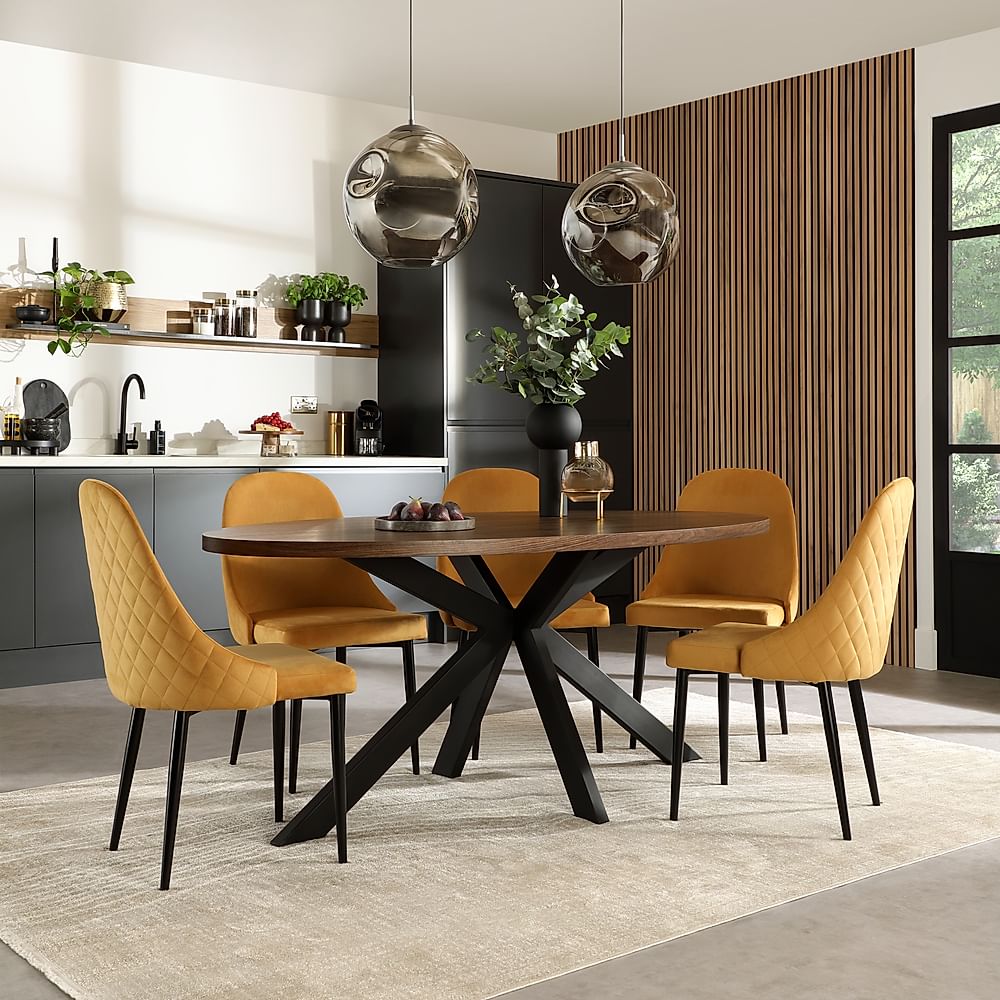 Madison Oval Industrial Dining Table & 6 Ricco Chairs, Walnut Effect & Black Steel, Mustard Classic Velvet, 180cm