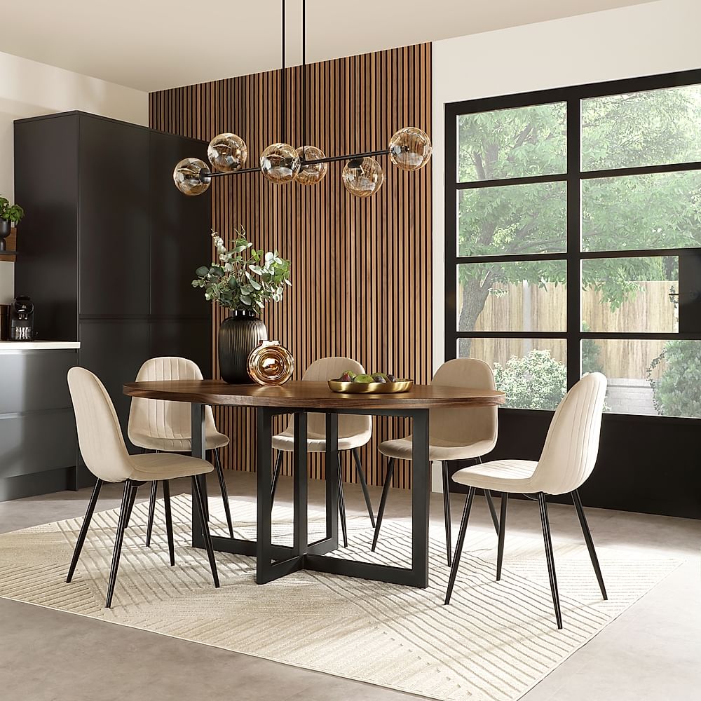 Newbury Oval Industrial Dining Table & 6 Brooklyn Chairs, Walnut Effect & Black Steel, Champagne Classic Velvet, 180cm