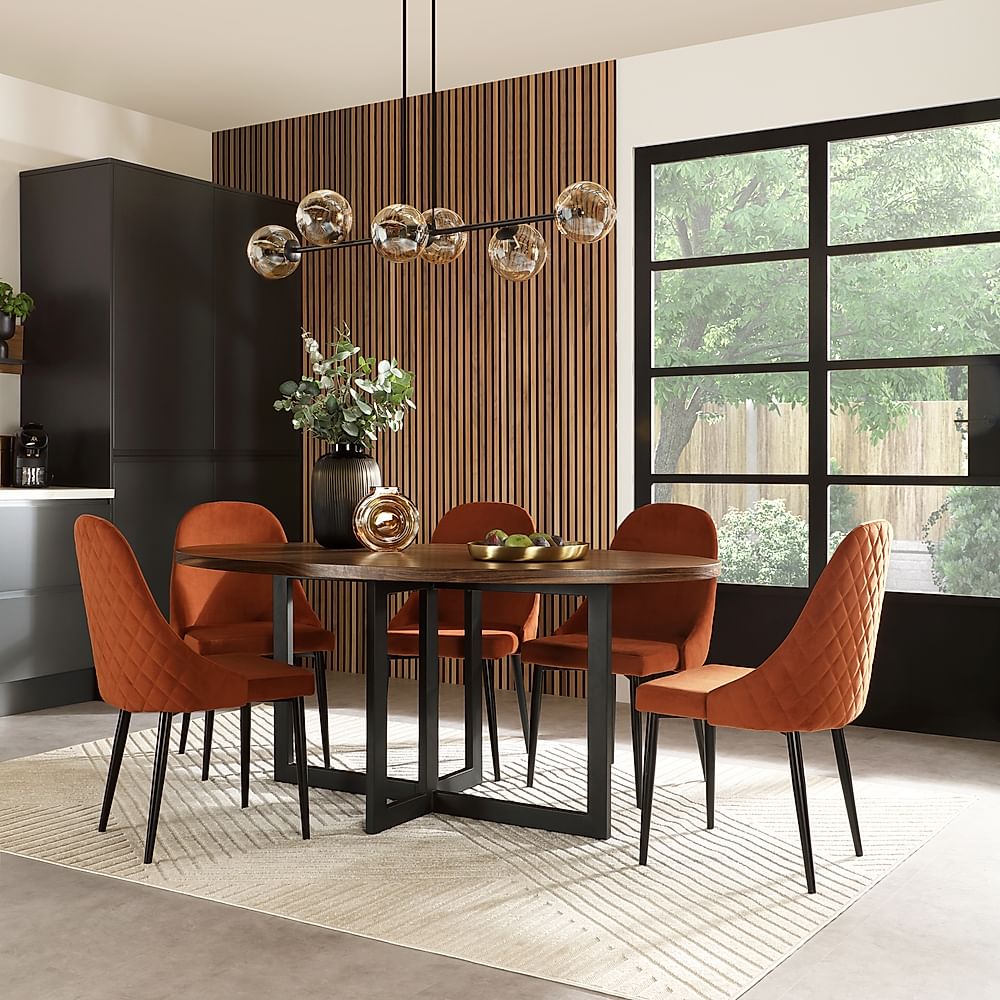 Newbury Oval Industrial Dining Table & 6 Ricco Chairs, Walnut Effect & Black Steel, Burnt Orange Classic Velvet, 180cm