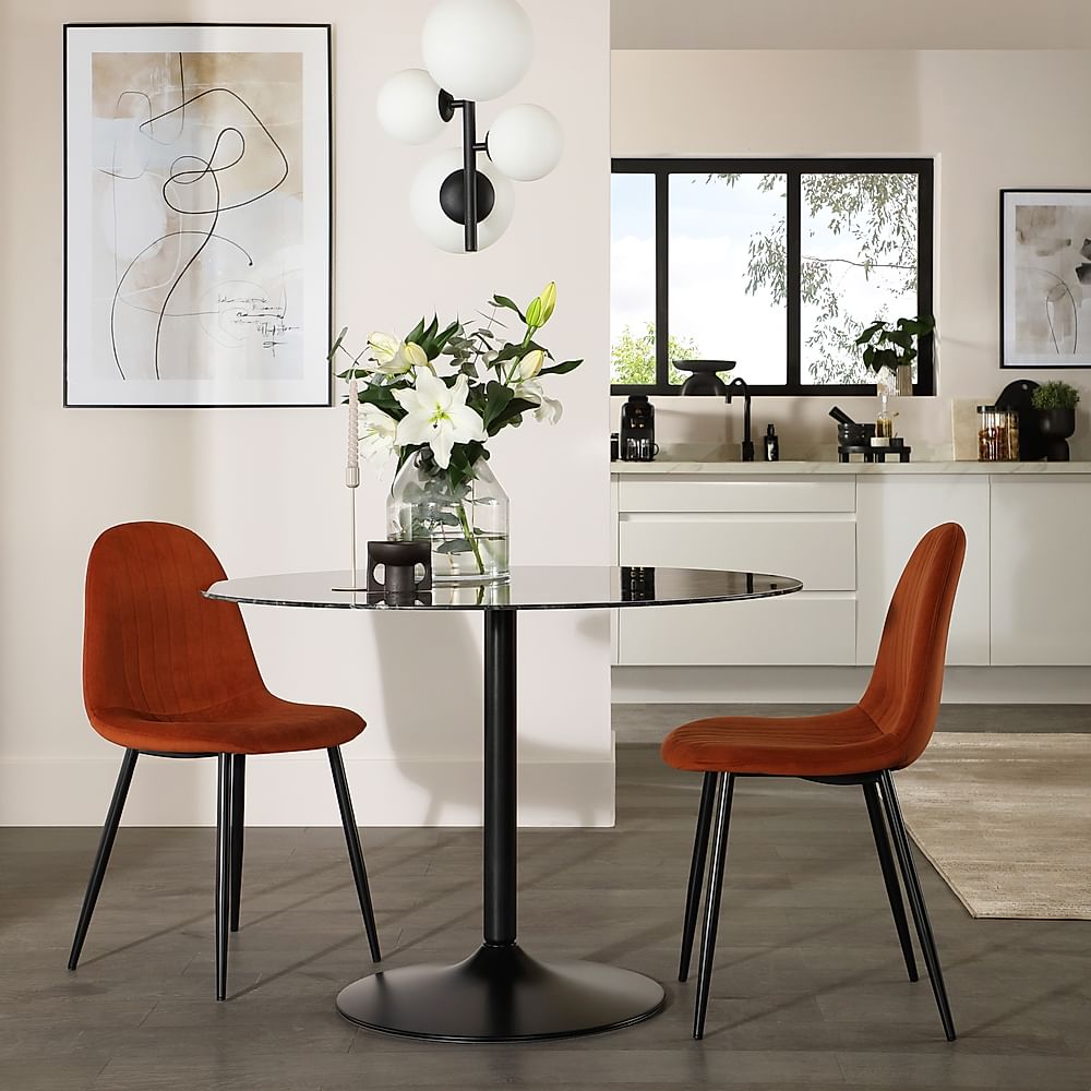Orbit Round Dining Table & 2 Brooklyn Dining Chairs, Black Marble Effect & Black Steel, Burnt Orange Classic Velvet, 110cm